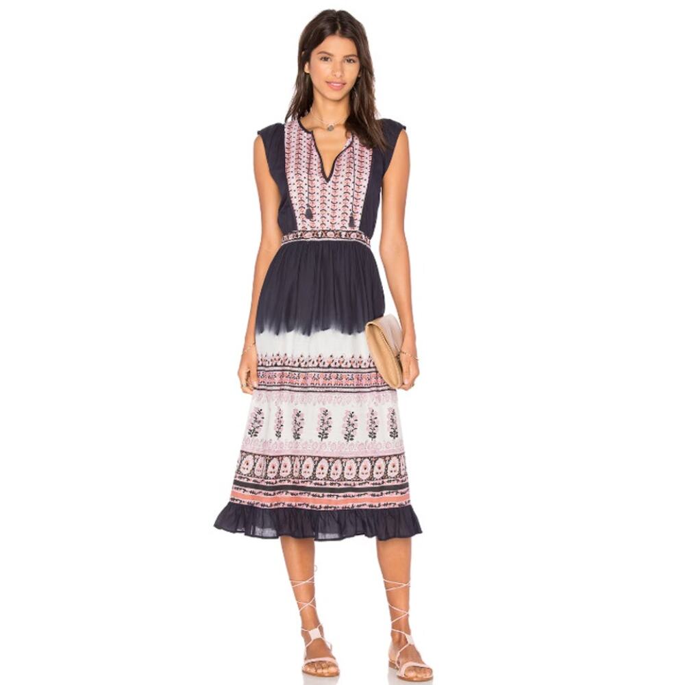 Ulla Johnson Loretta Ombre Dip Dye Ruffled Boho Midi Dress in Indigo, Size 0